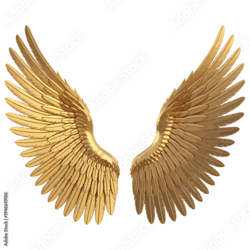 Golden wings isolated on transparent background, elegant feathered wing vector illustration, luxury and fantasy design element for logos, badges, and decorative graphics, detailed metallic gold style.