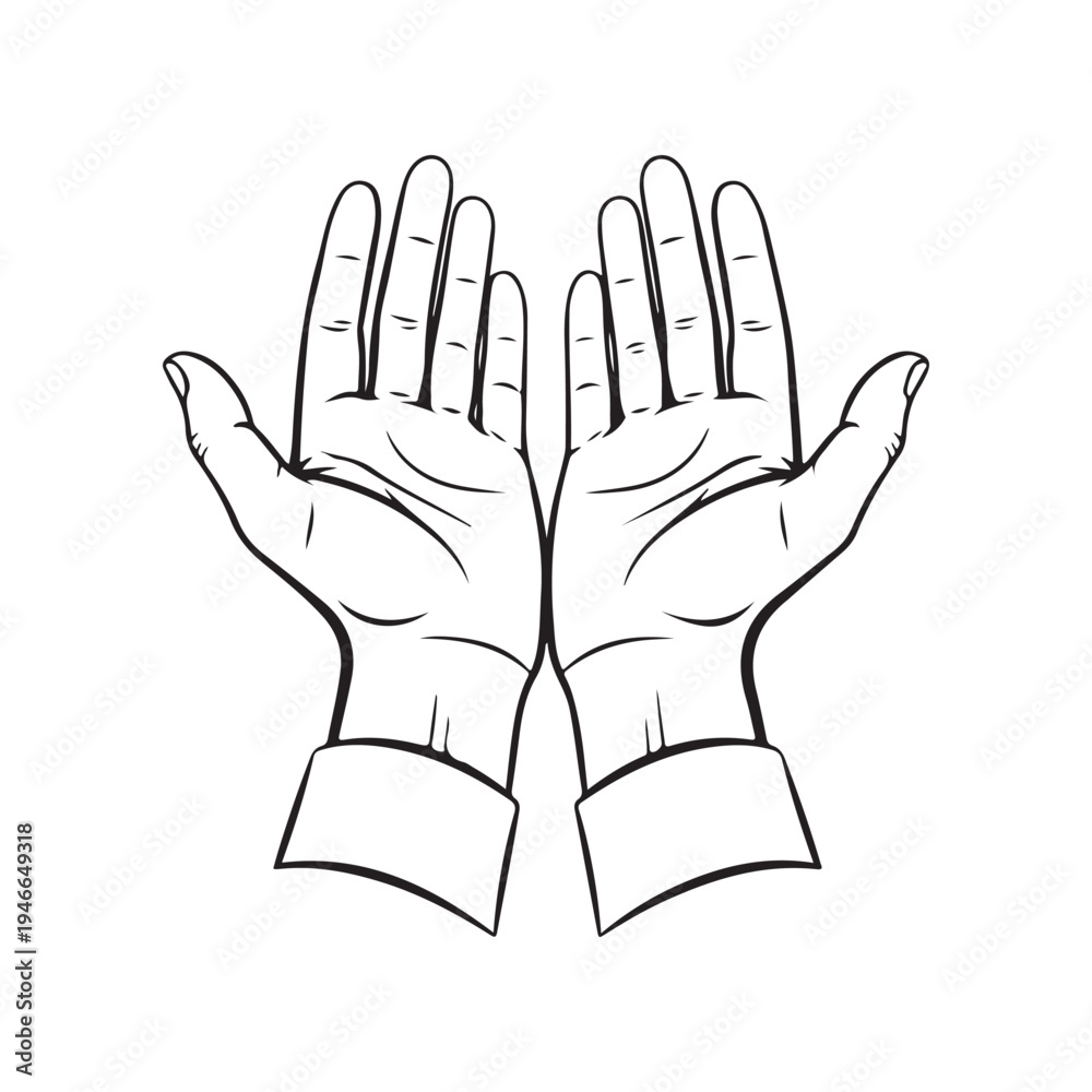 Obraz premium Pair of open human hands with palms up black and white linear vector illustration isolated on white background