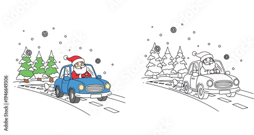 Cartoon Santa Claus driving a blue car in snowy winter landscape, vector illustration with colored and black and white outline version for coloring book