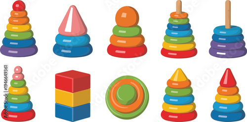 Colorful stacking toys arranged in various formations on white background representing children learning development and educational play vector illustration
