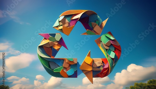 colorful recycle symbol built from recycled materials against a vibrant blue sky