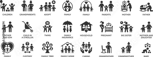 Family icon set. Containing parents, mother, father, children, baby, grandparents and household icons.