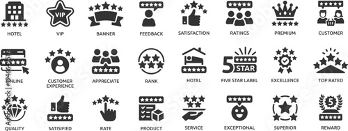 Five star icon set. Containing satisfaction, review, rating, premium, quality, 5 star, feedback, excellence and more.