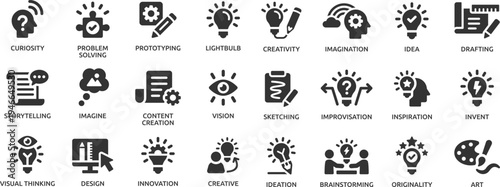 Creativity icon set. Containing inspiration, imagination, design, idea, creative, improvisation, sketching, brainstorming and more.