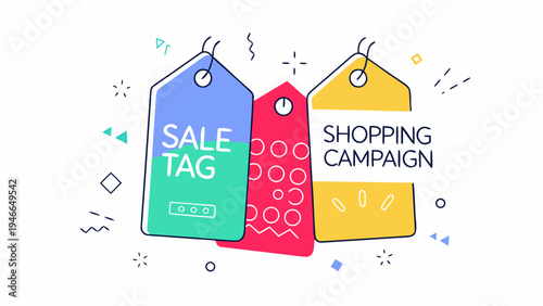 Colorful sale and shopping tags with decorative elements floating around