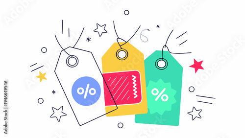 Colorful price tags with percent signs and decorative elements floating