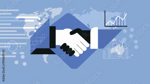 A digital handshake over a world map represents global business agreement