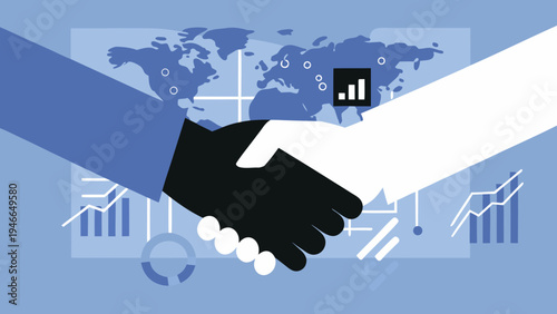 Global partnership symbolized by a handshake over financial charts