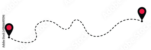 Route location icon, two pins connected by dotted line, vector symbol for maps, directions, travel planning, navigation apps