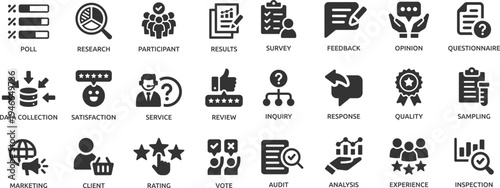 Survey icon set. Containing feedback, opinion, questionnaire, poll, research, data collection, review and satisfaction icons