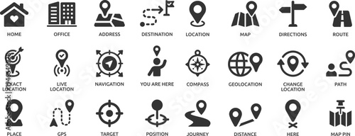 Location icon set. Containing map, map pin, gps, destination, directions, distance, place, navigation and address icons.