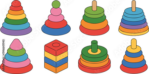 Colorful stacking toys arranged in various formations on white background representing children learning development and educational play vector illustration