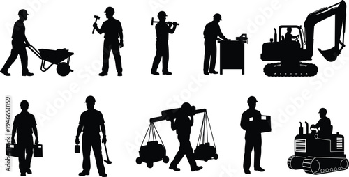 Construction worker silhouettes with tools and machinery, excavator operator, wheelbarrow laborer, industrial builders and engineering workforce collection vector illustration isolated