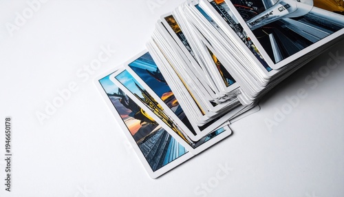 Tablou pe pânză Sleek and modern tarot cards with vibrant futuristic artwork, partially shuffled on a clean white surface, offering a contemporary vision for divination and spiritual exploration