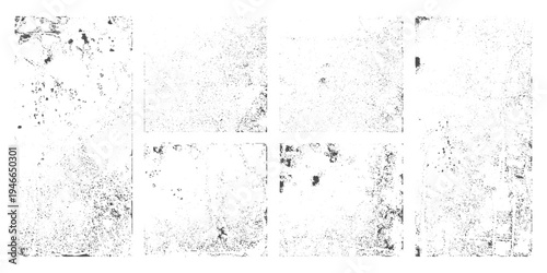 Minimal grunge texture sheet, 8 panels in a grid, light black ink splatters and dust on white background, faded distressed paper effect, subtle noise, monochrome abstract grunge wall texture.