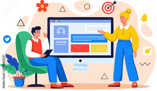 Flat vector illustration of two business people collaborating on a computer screen, discussing website design, social media marketing, and online project management with abstract shapes and
