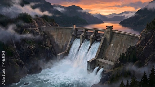 Massive Hydroelectric Dam with Rushing Water Spillway in Mountain Valley Matte Painting