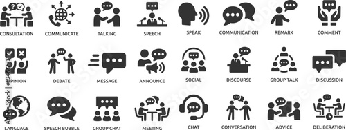 Speaking icon set. Communication icons collection. Containing discussion, speech bubble, talking, consultation and conversation icon
