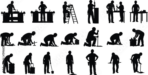 Construction worker silhouettes working with tools and equipment, builders repairing and installing, industrial labor activities set, professional engineering workforce vector illustration