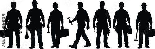 Construction worker silhouettes with tools, industrial builders carrying toolbox and hammer, engineering labor team standing and walking, professional construction workforce vector illustration