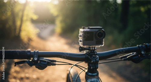 A small black camera mounted on a black bicycle handlebar in a forest