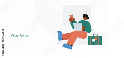 Flat style illustration of a woman person sitting on floor using laptop and smartphone with travel suitcase, representing digital nomad, remote work and freelancer lifestyle concept.