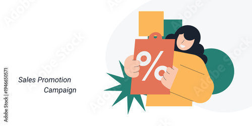 Flat style illustration of a woman person holding a shopping bag with percentage discount sign, representing sales promotion, special offer and marketing campaign concept.
