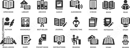 Book icon set. Containing library, read, author, journal, reading, bookshelf, magazine, e-book and more.