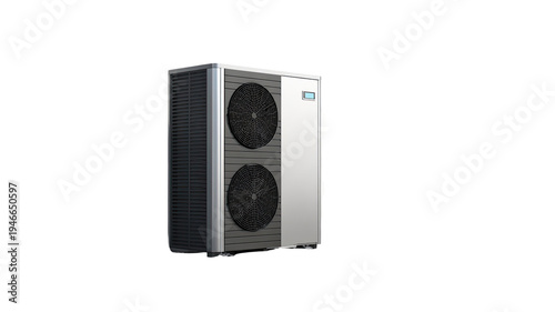 outdoor air conditioner heat pump unit isolated on white background modern HVAC cooling and heating system equipment 