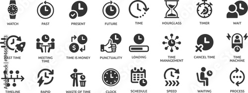 Time icon set. Timer, alarm, schedule, hourglass, clock icons. Solid icon