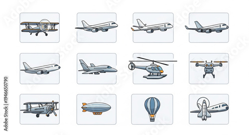 Collection of Vintage Aviation Illustrations - Planes, Helicopters, and Airships.