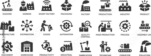 Factory icon set. Containing industry, production, machine, manufacture, warehouse, fabrication, goods and more.