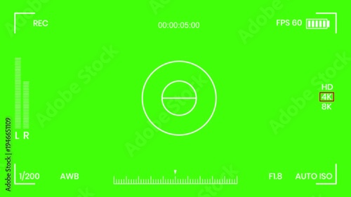 Camera screen recording with green screen. Camera recording screen overlay in alpha.
Ideal for video editing, cinematic overlays, 4k video. Camera HUD recording overlay animation on green screen.