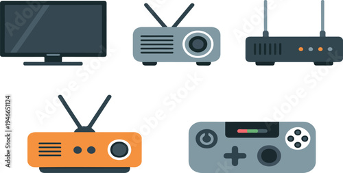 Collection of various wireless routers and modern television devices in flat vector style for technology and home electronics concepts