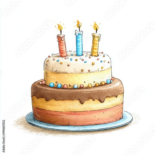 Birthday cake with three candles, colorful sprinkles, and layers at a celebration