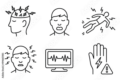 Seizure awareness icons illustrating symptoms and dangers, vector icon set for medical education, health alerts, patient safety, neurological conditions
