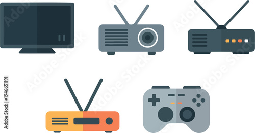 Collection of various wireless routers and modern television devices in flat vector style for technology and home electronics concepts