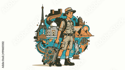 Young Traveler with World Landmarks