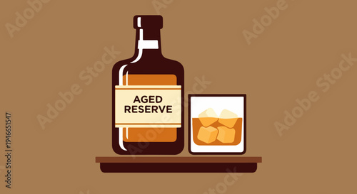 Aged Reserve Whiskey Bottle and Glass with Ice Vector Illustration on Brown Background, Perfect for Bar Menus, Liquor Store Promotions, or Drink-Related Content