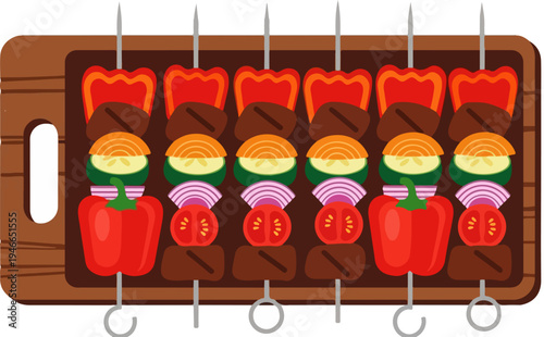 Top-down view of five colorful grilled meat and vegetable shish kebabs served on a rustic wooden cutting board, perfect for BBQ, summer party, or restaurant menu designs vector illustration