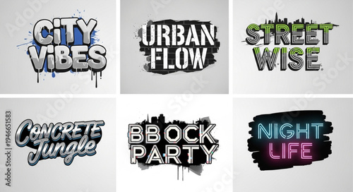 Graffiti-style urban themed text designs featuring phrases like City Vibes, Urban Flow, Street Wise, Concrete Jungle, Block Party, and Night Life.