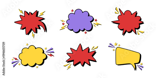 Colorful comic speech bubbles set in pop art style with lightning and star effects. Vector collection of blank retro blast clouds and explosion frames isolated on transparent background.