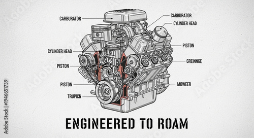 Detailed Engine Diagram with Labeled Components and Roaming Theme.
