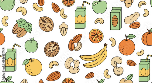 Healthy Food and Drink Seamless Pattern Vector with Fruits, Nuts, and Juice Boxes on White Background for Organic Lifestyle Design