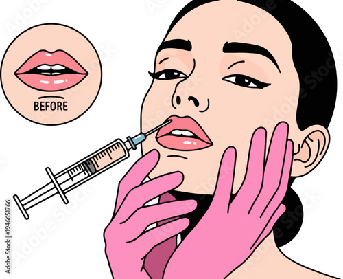 Woman receiving lip filler injection for cosmetic enhancement, with a 'BEFORE' comparison of natural lips, illustrating beauty procedures and aesthetic medicine vector