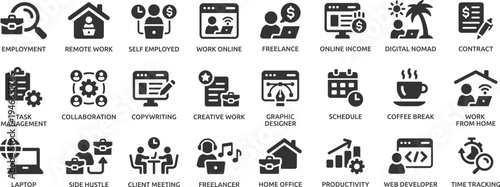 Freelance icon set. Containing work online, remote work, freelancer, laptop, home office, client meeting, self-employed, graphic designer and more.