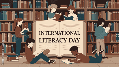 International Literacy Day with Children Reading Books vector illustration