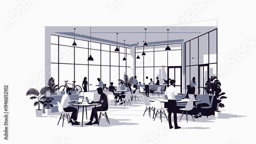 Modern Office with People Working and Plants vector illustration