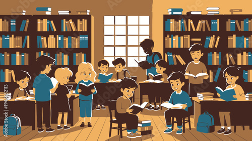 Children Reading Books in a Library Setting vector illustration