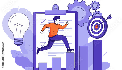 Business Success and Goal Achievement Vector Illustration with Man Running Up Bar Chart, Checklist, Lightbulb, Target, and Gears